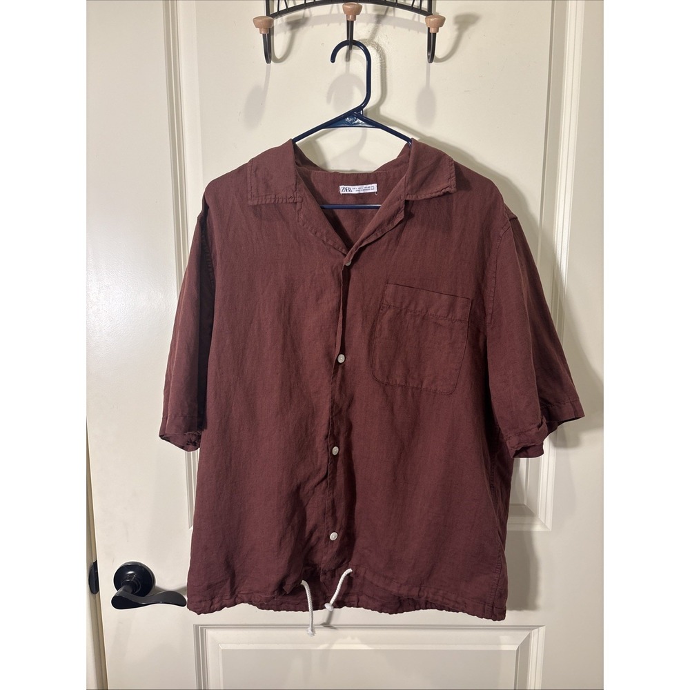 Zara Women Size Large Burgundy Linen Blend Drawstring Bottom Utility Shirt‎